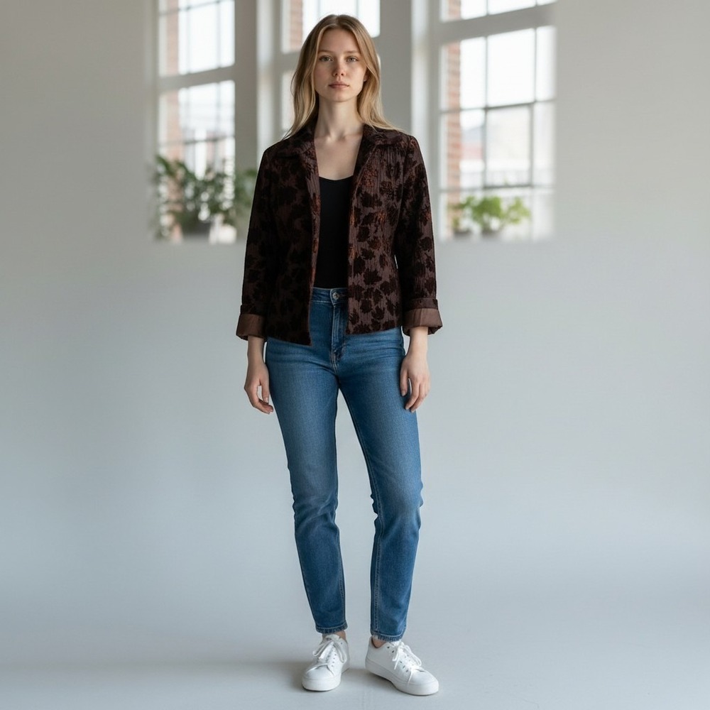 Burnout velvet Fall Leaf Quilted Jacket Blazer 14 L choc brown autumn festival